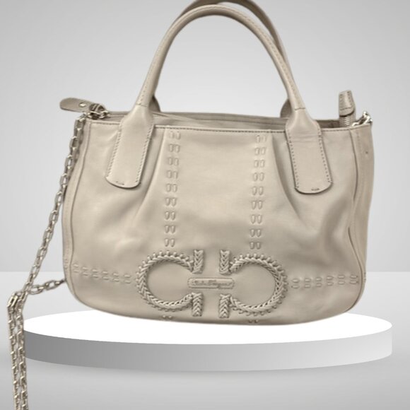 Salvatore Ferragamo Gancini Cream Embossed Calfskin Leather Handbag Tote EUC - Picture 1 of 4